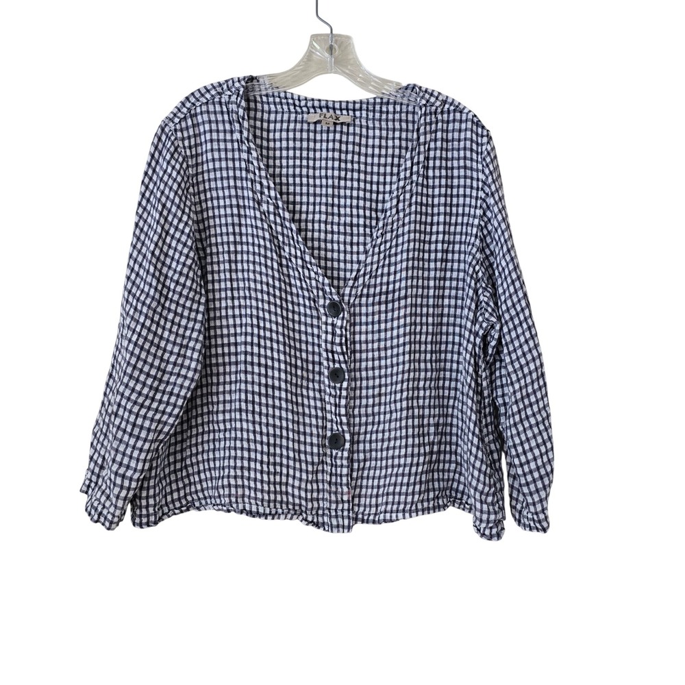FLAX Women Navy White Gingham Linen V-Neck Button Front Boxy Top Size M
